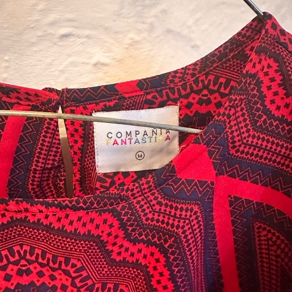 Compania Fantastica Red & Navy Geometric Bell Sleeve Tunic Dress Size Medium - Picture 2 of 3